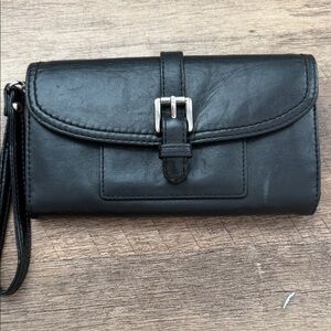 Coach Black Leather Wristlet Wallet with Buckle Strap